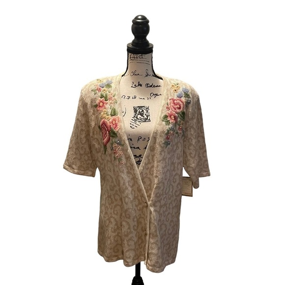 Susan Bristol Hand Embroidered Cardigan Sweater Beige Pink Floral Large NWT Vtg - Picture 1 of 13